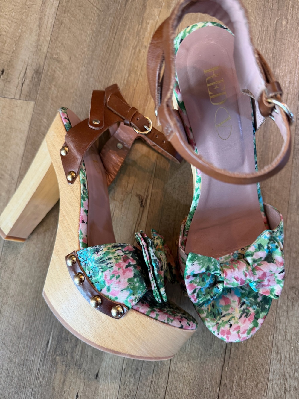 RED Valentino wood platform floral bow heels